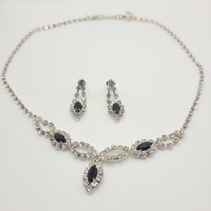 Silver, Combination of Classic and  Black Crystal Necklace and matching Earrings